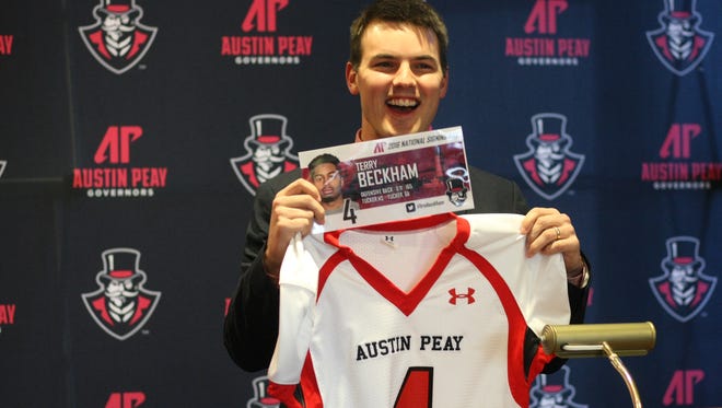 New Austin Peay football coach Will Healy announces the first member of his inaugural signing class, Tucker (Ga.) defensive back Terry Beckham, on Feb. 3, 2016.