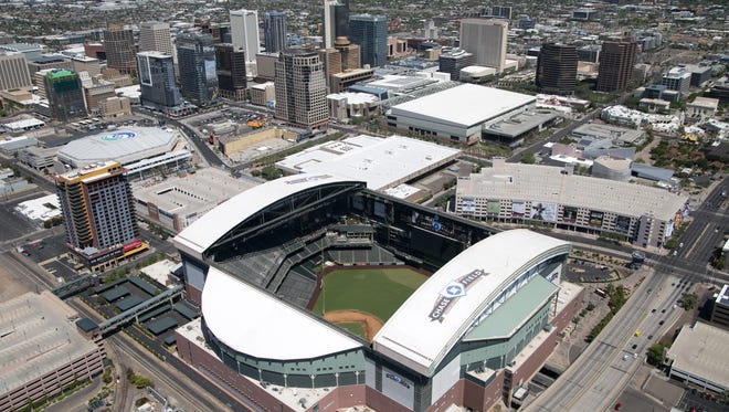 An aerial view of Chase Field and downtown Phoenix.