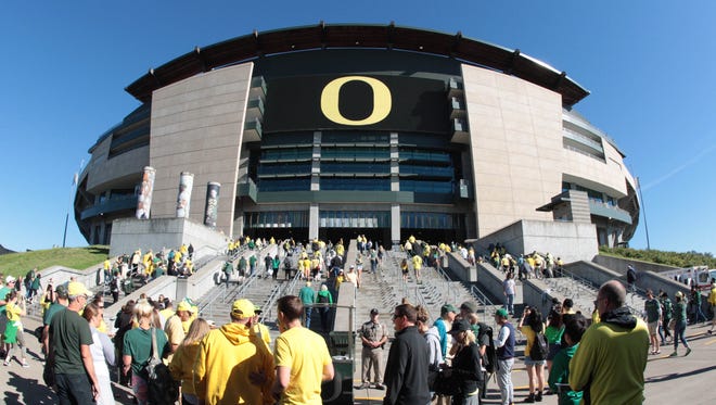 Sep 19, 2015; Eugene, OR, USA; Fans walking in to the stadium before the game Oregon Ducks and Georgia State Panthers at Autzen Stadium. Mandatory Credit: Scott Olmos-USA TODAY Sports