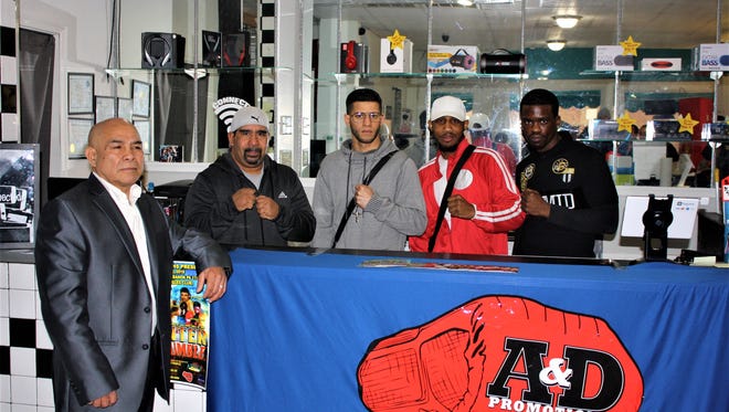 On hand at The Connect in Lebanon on Saturday afternoon for a press conference to promote the March 10 "Winter Rumble" boxing card coming to the Eagles Club on North 8th Street were, from left,
Julio Alverez (promoter), Wilfredo Lopez (trainer) and boxers Nicholas "The Living Dream" Hernandez, Luis " Prime Time" Rodriguez, and James"Thunder" Robinson.