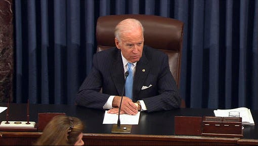 In this image from video from Senate Television, Vice President Joe Biden presides over the Senate at the U.S. Capitol in Washington, Monday. A bipartisan bill to speed government drug approvals and bolster biomedical research cleared its last procedural hurdle in the Senate on Monday in an emotional moment for Biden. The overwhelming 85-13 vote put the measure on track for final legislative approval by the Senate as early as Tuesday. (Senate TV via AP)