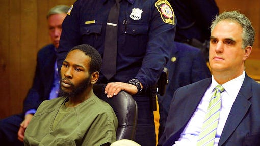 Clarence Williams, left, is seated next to his attorney Daniel Palazzo during a detention hearing in Paterson, N.J., Friday, March 24, 2017. Williams and Gerry Thomas have been charged with murder in a double homicide involving a burning car owned by a woman who often appears on "Real Housewives of New Jersey."