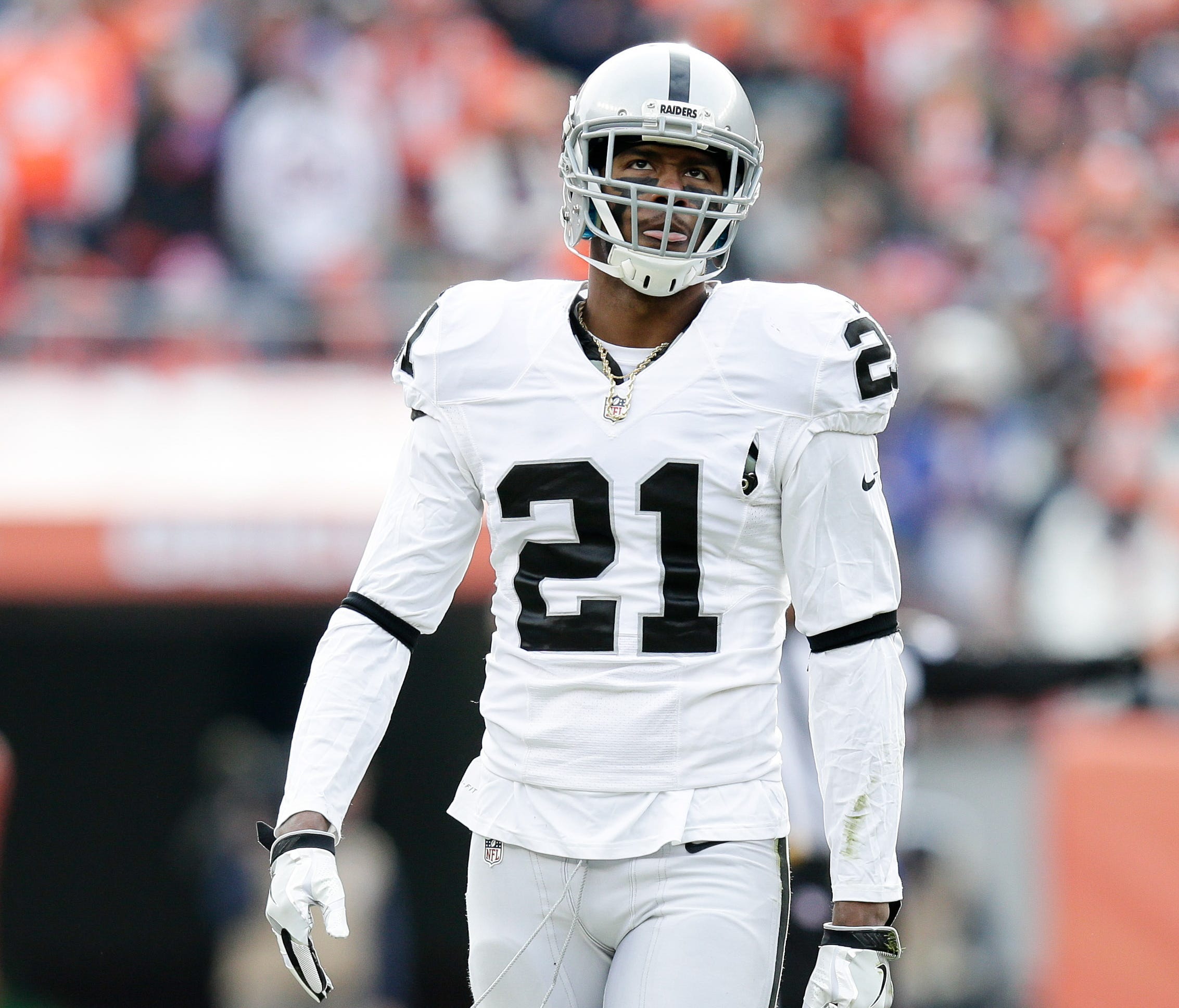 Oakland Raiders cornerback Sean Smith (21) in the first quarter against the Denver Broncos at Sports Authority Field at Mile High.