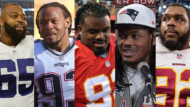 Potential Colts' free agent targets (from left to right): G Ronald Leary, DL Jabaal Sheard, DL Dontari Poe, ILB Dont’a Hightower, DL Chris Baker.