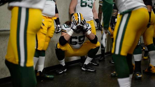 Green Bay Packers left tackle David Bakhtiari gets in the zone before the team's game against the Detroit Lions at Ford Field.