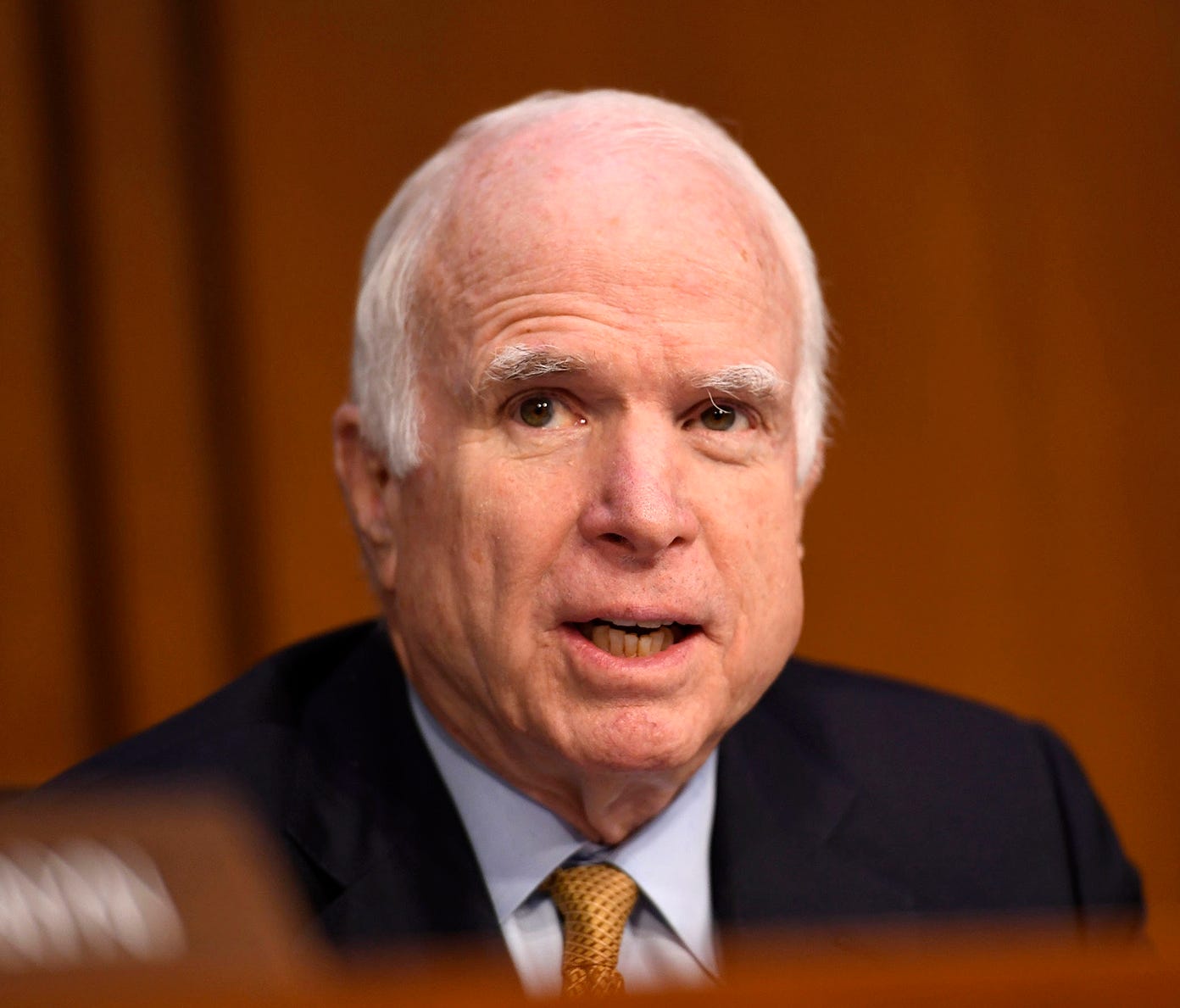 Sen. John McCain, R-Ariz., speaks as former FBI director James Comey testifies in front of the Senate Intelligence Committee in Washington on June 8, 2017. Medical reports about the nature of a blood clot removed from above McCain's eye could answer 