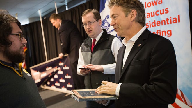 Rand Paul makes a campaign stop at Nationwide in Des Moines, Monday, Feb. 1, 2016. 