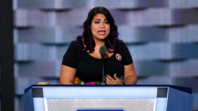 Immigration advocate Astrid Silva of Las Vegas speaks during the 2016 Democratic National Convention at Wells Fargo Arena.
