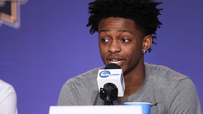 De'Aaron Fox answers a question on the dais during off-day press conferences Saturday in Memphis.  The Cats will take on North Carolina Sunday afternoon in Memphis to advance to the Final Four.March 25, 2017
