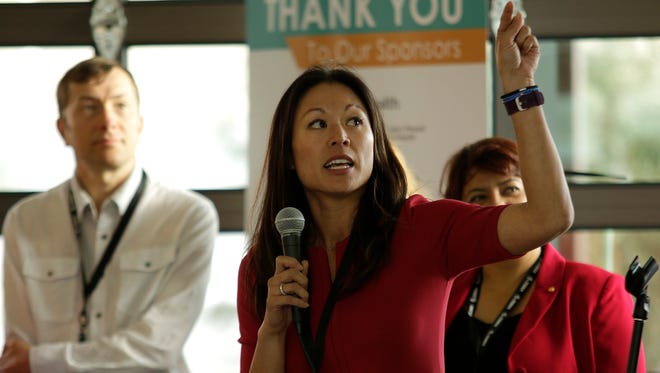 Dr. Natalie Shum of iVital gives her presentation to a panel of judges during a previous year's Startup Weekend Ventura County at Rancho Campana High School in Camarillo.