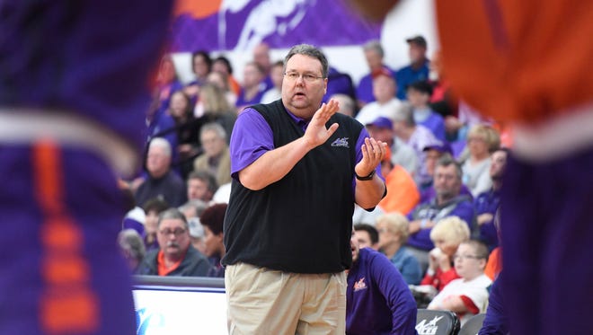 Aces coach Marty Simmons encourages his team during a inter-squad scrimmage at the University of Evansville HoopFest season tipoff for the men's and women's basketball programs held at the Meeks Family Fieldhouse Wednesday, October 25, 2017.