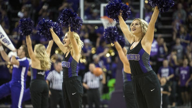 GCU cheerleaders perform during the game against Little Rock at Grand Canyon University Arena on Saturday, Nov. 18, 2017 in Phoenix. GCU won, 76-51.