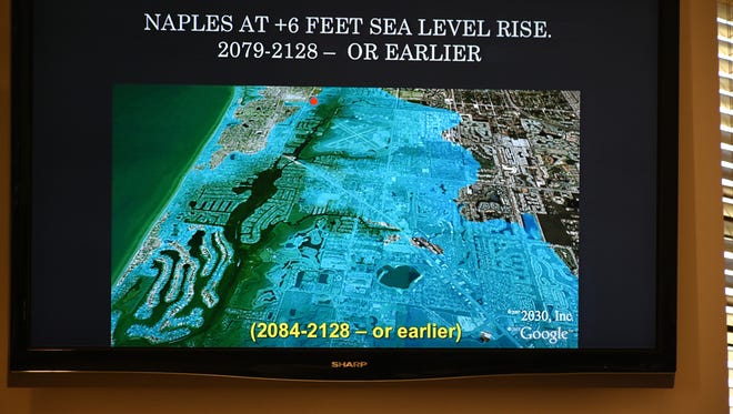 A projection shows Naples with six feet of sea level rise. A climate change workshop at the Unitarian congregation, sponsored by Collier Freedom on Feb. 17, 2018, laid out the threats facing the planet and specifically the southern end of the Florida peninsula from global warming and sea level rise.