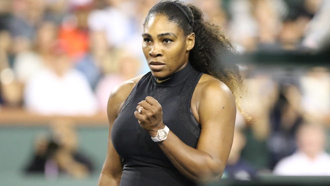 Serena Williams reacts during her third round loss against her sister Venus Williams during the BNP Paribas Open at the Indian Wells Tennis Garden in Indian Wells on Monday, March 12, 2018.