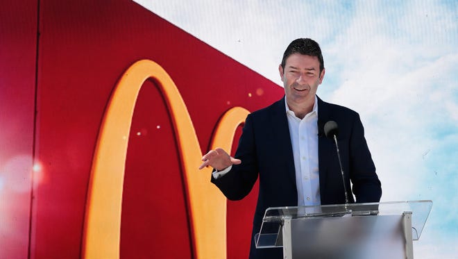 McDonald's CEO Stephen Easterbrook unveils the company's new corporate headquarters during a grand opening ceremony on June 4, 2018 in Chicago, Illinois.  The company headquarters is returning to the city, which it left in 1971, from suburban Oak Brook. Approximately 2,000 people will work from the building.