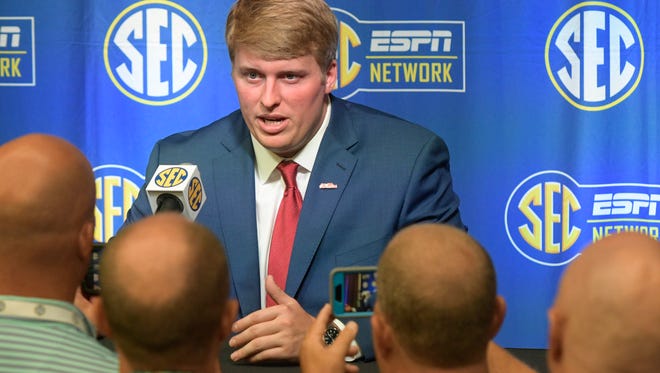 Ole Miss Center Sean Rawlings is interviewed during NCAA college football Southeastern Conference media days at the College Football Hall of Fame in Atlanta, Tuesday, July 17, 2018. (AP Photo/John Amis)