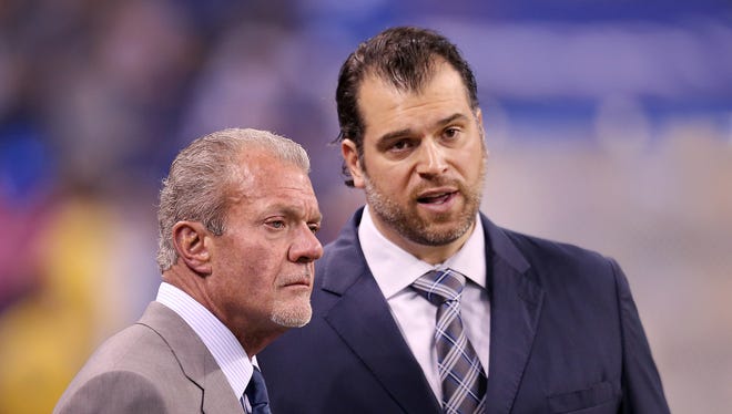 Colts owner Jim Irsay (left) talked with the media about potential contract extensions for key Colts.
