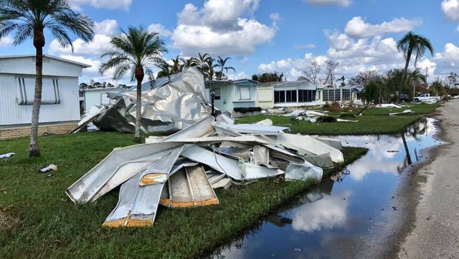 Damage from Hurricane Irma can be seen in West Wind Estates, a senior community in East Naples, Fla., on Sept. 16, 2017, six days after the hurricane made landfall.