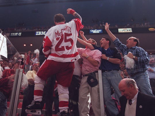 June 7, 1997: The 42-year Cup drought is over. Finally. After 42 years without a championship - a period that included the "Dead Wings" era - Steve Yzerman and the Red Wings completed a 4-game sweep of the Philadelphia Flyers with a 2-1 victory in Game 4. They celebrated the Stanley Cup with their hometown fans.