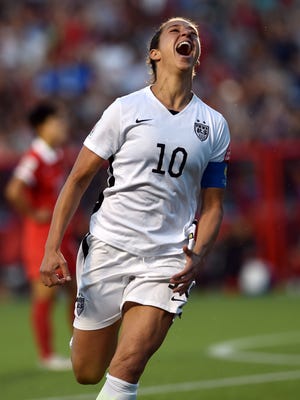 United States midfielder Carli Lloyd (10) celebrates her goal against China during the second half in the quarterfinals of the FIFA 2015 Women's World Cup at Lansdowne Stadium.
