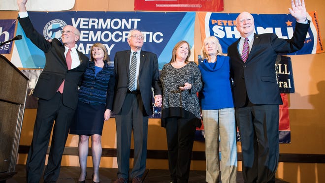 (From left) Vermont incumbent U.S. Rep. Peter Welch, D-Vt., his wife Margaret Cheney, U.S. Sen. Bernie Sanders, I-Vt., his wife Jane Sanders, Marcelle Leahy, wife of Sen. Patrick Leahy, D-Vt., right, celebrate Rep. Welch's re-election on Nov. 4 in Burlington, Vt.