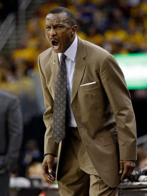 Toronto Raptors head coach Dwane Casey yells to players in the second half in Game 1 of a second-round NBA basketball playoff series against the Cleveland Cavaliers, Monday, May 1, 2017, in Cleveland. The Cavaliers won 116-105. (AP Photo/Tony Dejak)