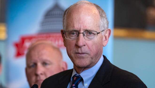 House Agriculture Committee Chairman Mike Conaway, R-Texas, joined at left by Vice Chairman Glenn Thompson, R-Pa., announces the new farm bill, officially known as the 2018 Agriculture and Nutrition Act, at a news conference on Capitol Hill in Washington, Thursday, April 12, 2018. The bulk of the bill's spending goes toward funding SNAP, the Supplemental Nutrition Assistance Program.