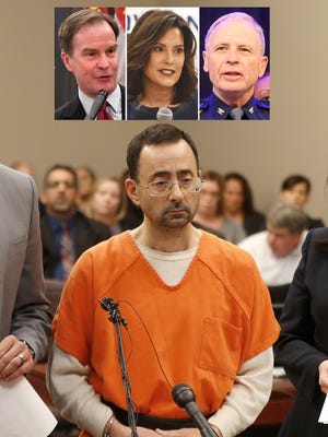 Clockwise from top left: Bill Schuette, Gretchen Whitmer, Jim Dunlap, Larry Nassar.