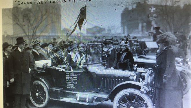 The "Golden Flyer," a Saxon Roadster driven by two suffragists, Alice Burke and Nell Richardson, from New York City to California and back. Photo dated April 6, 1916.