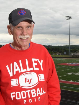 Licking Valley football coach Randy Baughman in the stadium which bears his name, will be inducted into the Ohio High School Football Coaches Hall of Fame.