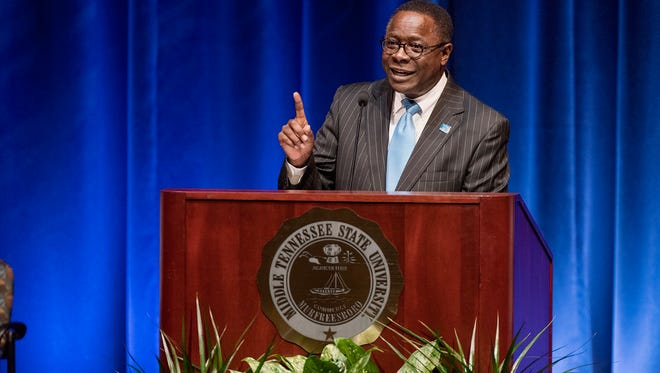 Sidney A. McPhee, MTSU president, delivering the State of the University Address in 2017.