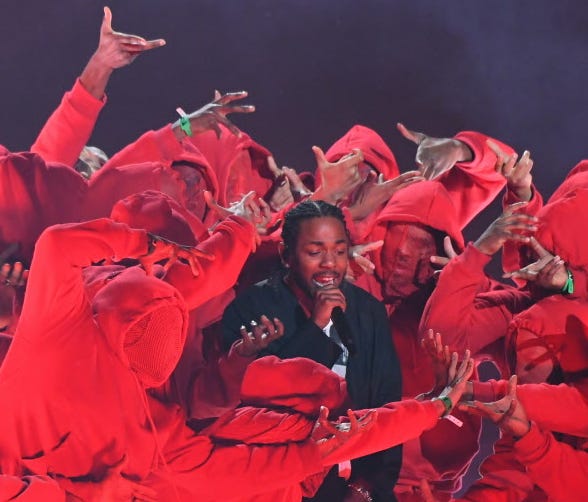 Kendrick Lamar opens the show at the 60th annual Grammy Awards at Madison Square Garden in New York.