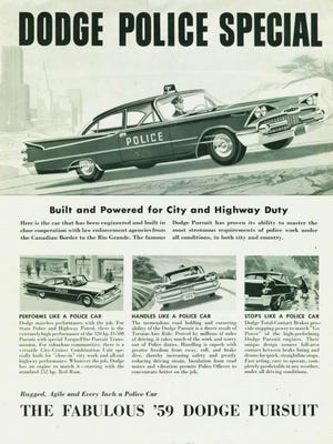 The Missouri Highway Patrol ordered 600 Dodge D-500 Hemi Police Pursuit models in 1957. Shown is an ad from 1959 whereas the California Highway Patrol ordered a total of 781 special D-500 Police Pursuit models.