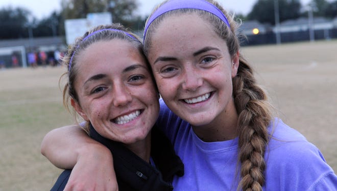 Sisters Maddie (left) and Morgan McAdams at practice Wednesday at Hardin-Simmons. The Cowgirls soccer team plays Saturday in the NCAA Division III women's soccer tournament in Geneva, New York.
