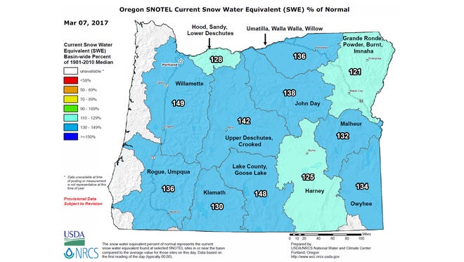 Oregon snowpack as of March 7, 2017.
