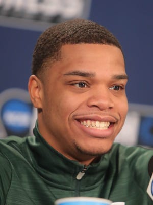 Michigan State guard Miles Bridges takes questions about the first-round NCAA tournament game on Thursday, March 15, 2018, at Little Caesars Arena.