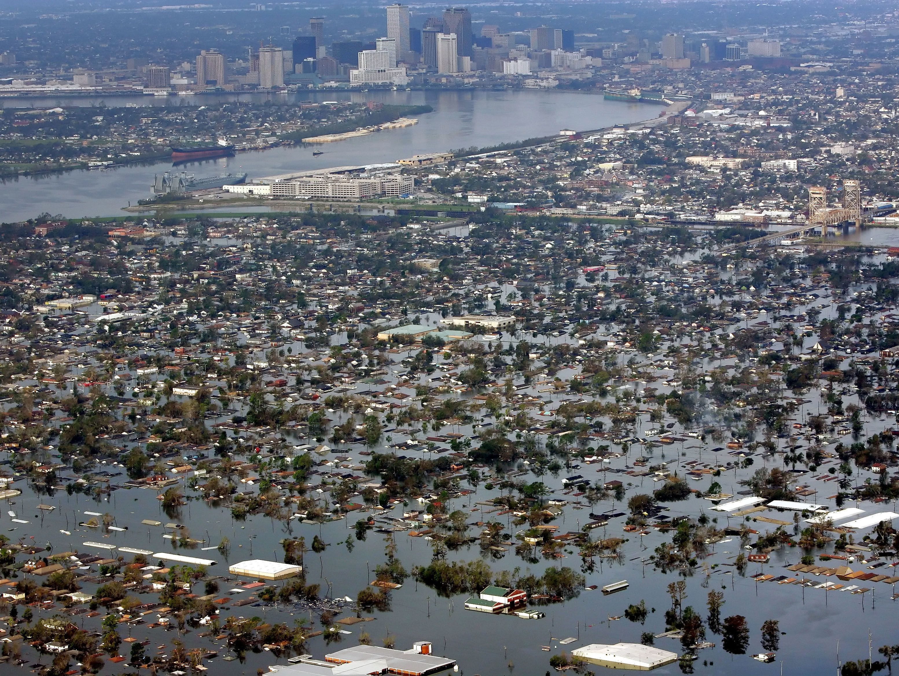 Floodwaters from Hurricane Katrina cover a portion of New Orleans on Aug. 30, 2005. Harvey's rains threaten similarly epic floods in Texas.