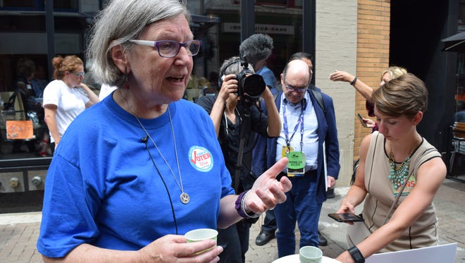 Sister Simone Campbell discusses politics of inclusion over a cup of lemonade in downtown Cleveland.