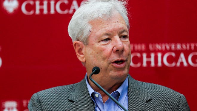 Richard Thaler, the Charles R. Walgreen Distinguished Service Professor of Behavioral Science and Economics at the University of Chicago, answers questions at a reception and news conference after winning the Sveriges Riksbank Prize in Economic Sciences in Memory of Alfred Nobel 2017, at the University of Chicago, in Chicago, Illinois, on Oct. 9, 2017. Thaler was awarded the prize for "his contributions to behaviorial economics."