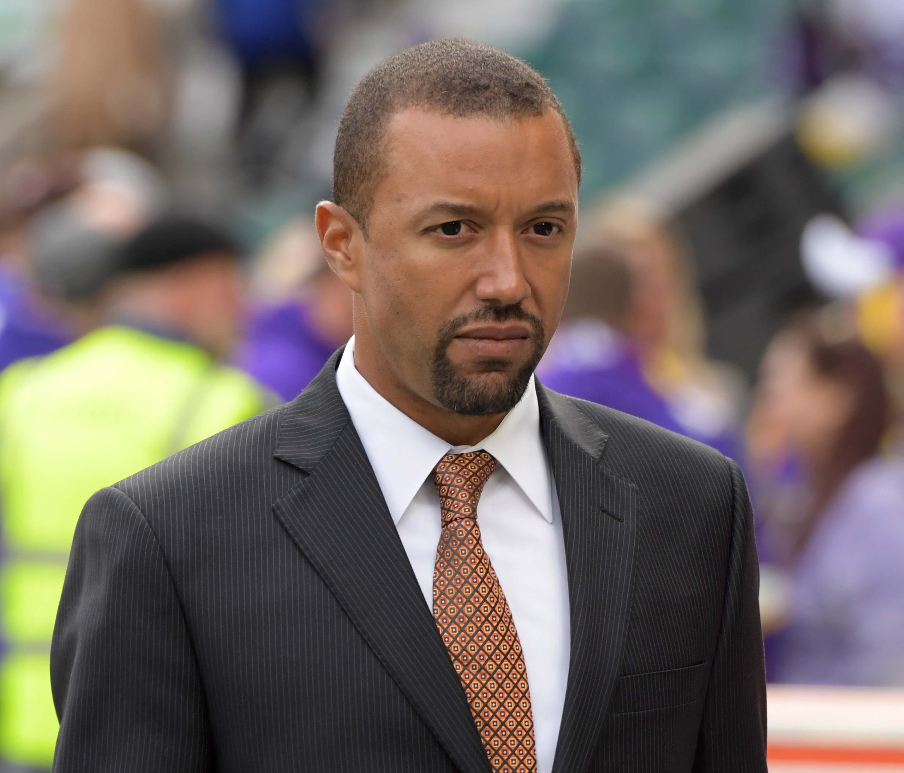 Cleveland Browns executive vice president and general manager Sashi Brown reacts during an NFL International Series game against the Minnesota Vikings at Twickenham Stadium.