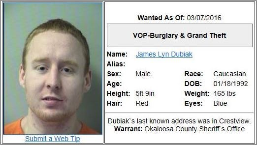 James Lyn Dubiak escaped arrest by swimming in a swamp in Okaloosa County.