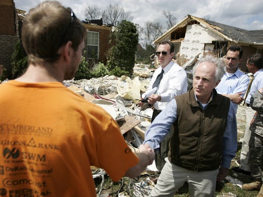 April 13, 2009: Sen. Bob Corker, right, talks with