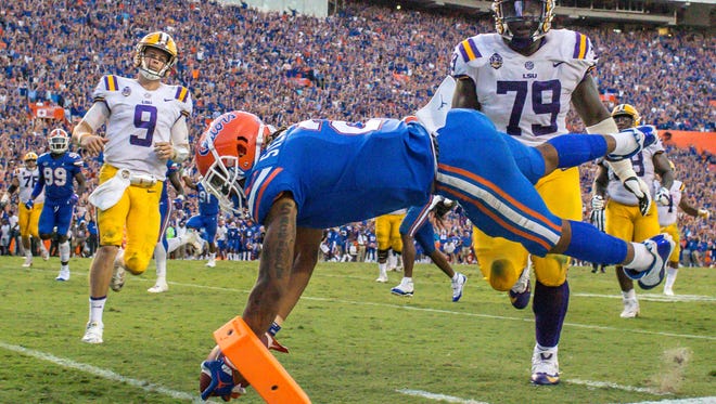 Florida defensive back Brad Stewart Jr. reaches for the goal line in returning an interception for a touchdown late in the second half of the Oct. 6, 2018 game against LSU at Ben Hill Griffin Stadium.