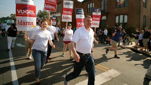 Republican gubernatorial candidate Ed Gillespie, center,