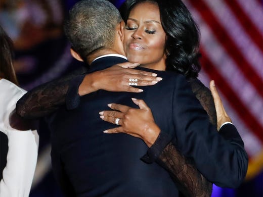 Michelle Obama hugs President Obama after his farewell