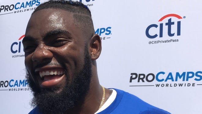Giants All-Pro safety Landon Collins talks to reporters during his youth football camp at Passaic County Technical Institute in Wayne, N.J. on Friday, July 21, 2017.