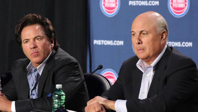 Detroit Pistons owner Tom Gores, left, and senior adviser Ed Stefanski take questions June 20, 2018, at Little Caesars Arena in Detroit.