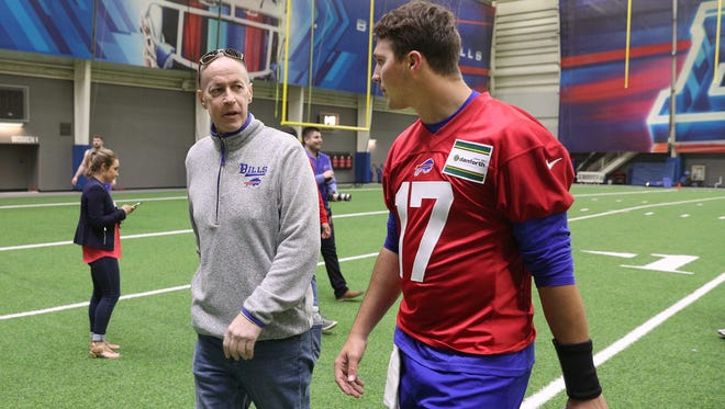 Former Bills quarterback and Hall of Famer Jim Kelly visits with Buffalo's top draft pick, Josh Allen after rookie camp.  Kelly is coming back from another cancer surgery.  