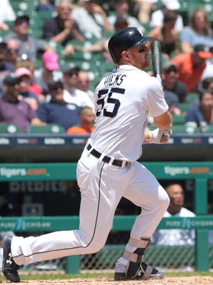 Tigers first baseman John Hicks bats during the third inning on Thursday, June 14, 2018, at Comerica Park.
