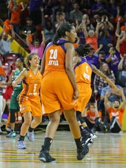 Phoenix Mercury guard Leilani Mitchell (5) celebrates